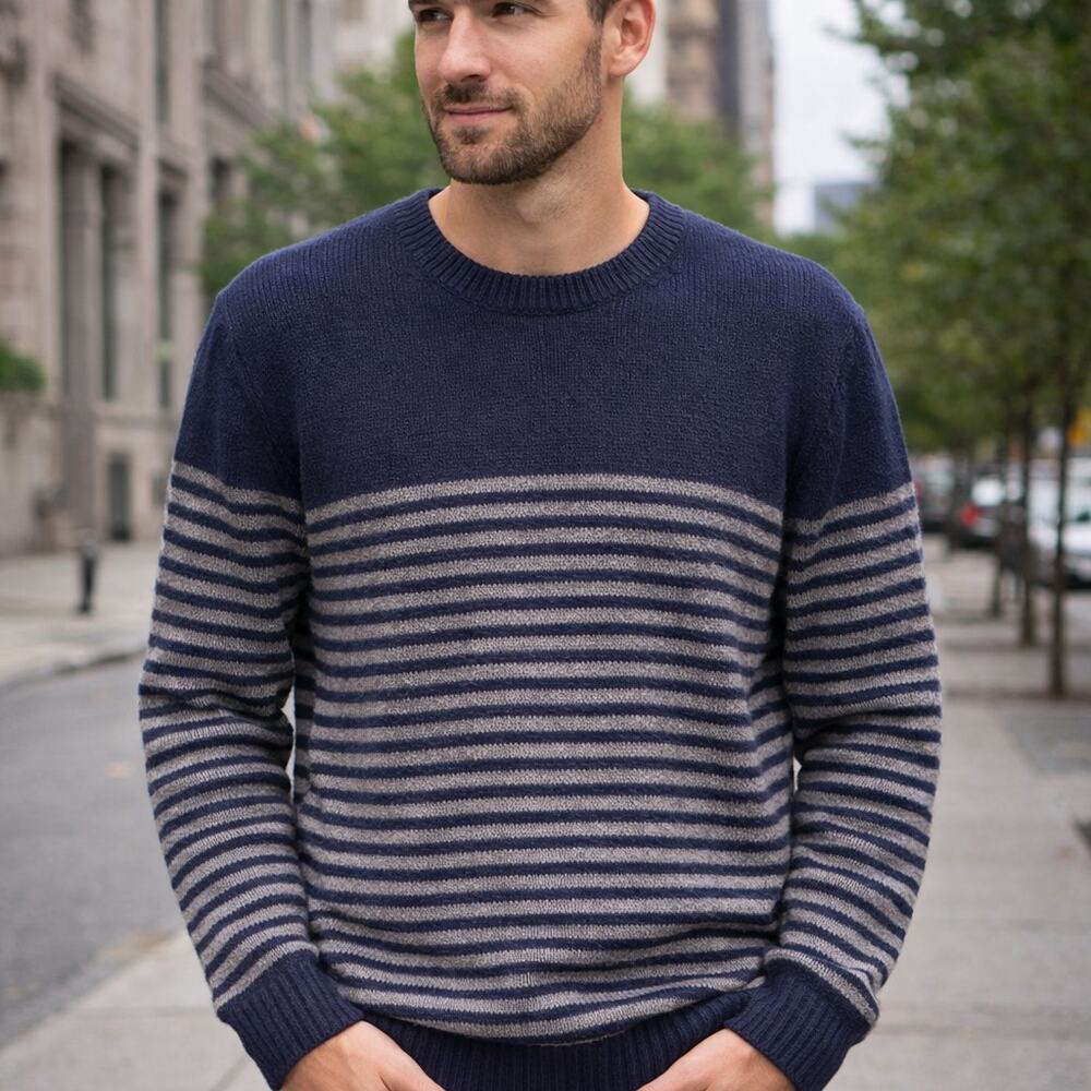 Saks Fifth Avenue SZ M Pure Cashmere Striped Sweater Made In Italy Navy & Gray